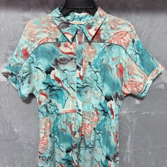 Soft Surroundings M Shirt Dress Blue Coral Marble Abstract Print Rayon Midi - Picture 2 of 9